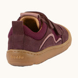 Back of Froddo's maroon barefoot baze kids shoes showing pull tab on the heel. Trainer has a zero heel drop design.
