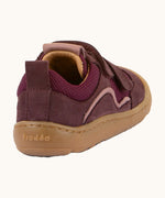 Back of Froddo's maroon barefoot baze kids shoes showing pull tab on the heel. Trainer has a zero heel drop design.