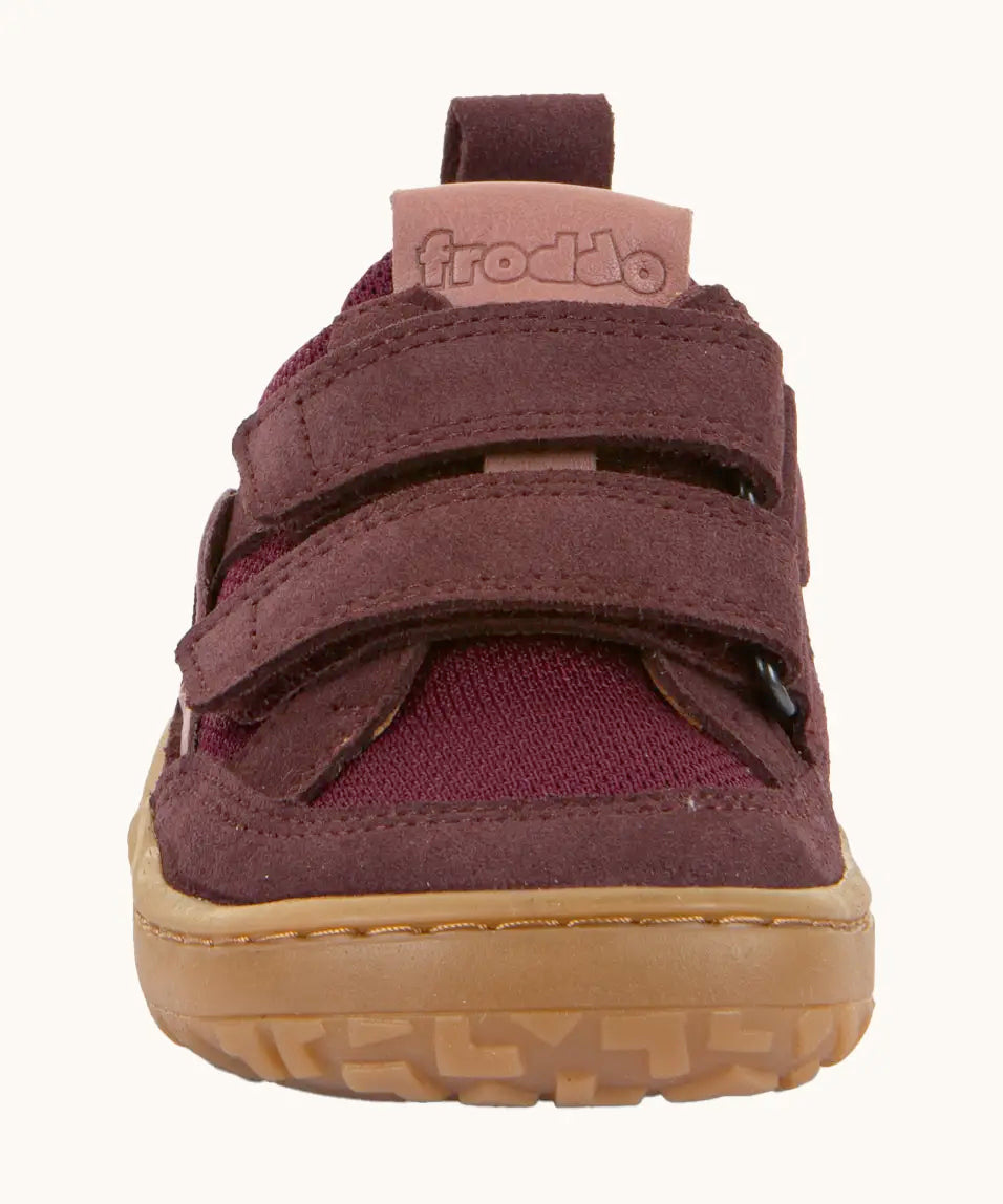 Front of Froddo's maroon barefoot baze kids textile and natural leather mix shoes. Showing the velcro straps fully fastened