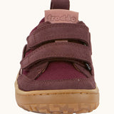 Front of Froddo's maroon barefoot baze kids textile and natural leather mix shoes. Showing the velcro straps fully fastened