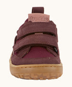 Front of Froddo's maroon barefoot baze kids textile and natural leather mix shoes. Showing the velcro straps fully fastened