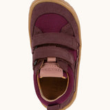 Top view of Froddo's maroon barefoot baze kids shoes. Trainer has a wide, foot-shaped design and pull tab on the heel