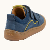 Back of  Froddo's denim blue barefoot baze kids shoes showing pull tab on the heel. Trainer has a zero heel drop  design.