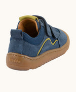 Back of  Froddo's denim blue barefoot baze kids shoes showing pull tab on the heel. Trainer has a zero heel drop  design.