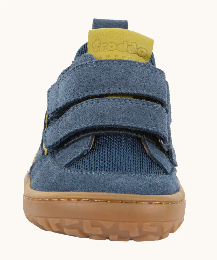 Front of Froddo's denim blue barefoot baze kids textile and natural leather mix shoes. Showing the velcro straps fully fastened