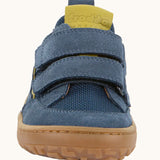 Front of Froddo's denim blue barefoot baze kids textile and natural leather mix shoes. Showing the velcro straps fully fastened