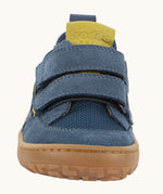 Front of Froddo's denim blue barefoot baze kids textile and natural leather mix shoes. Showing the velcro straps fully fastened
