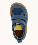 Top view of Froddo's denim blue barefoot baze kids shoes. Trainer has a wide, foot-shaped design and pull tab on the heel