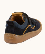 Back of  Froddo's navy blue barefoot baze kids shoes showing pull tab on the heel. Trainer has a zero heel drop  design.