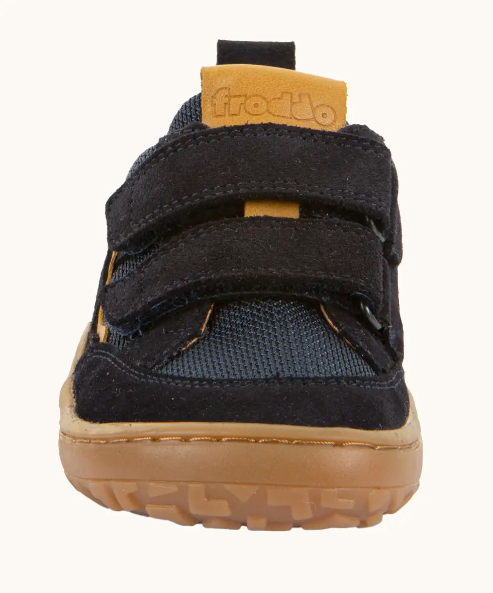 Front of Froddo's navy blue barefoot baze kids textile and natural leather mix shoes. Showing the velcro straps fully fastened