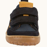 Front of Froddo's navy blue barefoot baze kids textile and natural leather mix shoes. Showing the velcro straps fully fastened