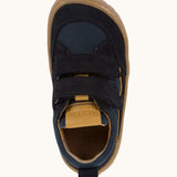 Top view of Froddo's navy blue barefoot baze kids shoes. Trainer has a wide, foot-shaped design and pull tab on the heel