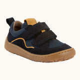 Navy blue Froddo barefoot baze kids shoes. Features velcro straps and a brown flexible sole. Trainer has a zero heel drop and wide, foot-shaped design.
