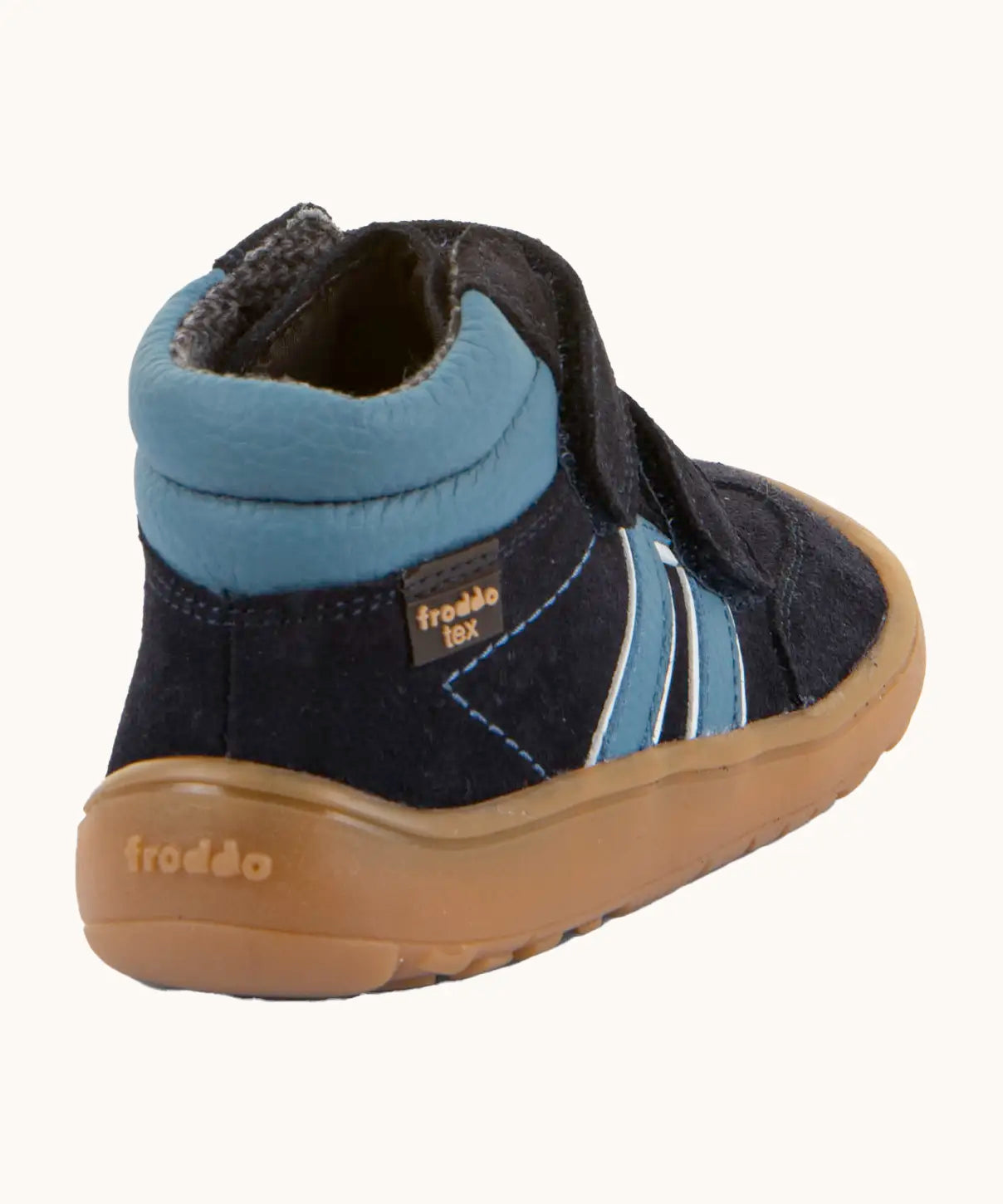 Back of Froddo’s Barefoot Kids F-Motion TEX Shoes in dark blue showing  contrasting light padded ankle, side stripe and brown rubber sole