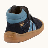 Back of Froddo’s Barefoot Kids F-Motion TEX Shoes in dark blue showing  contrasting light padded ankle, side stripe and brown rubber sole