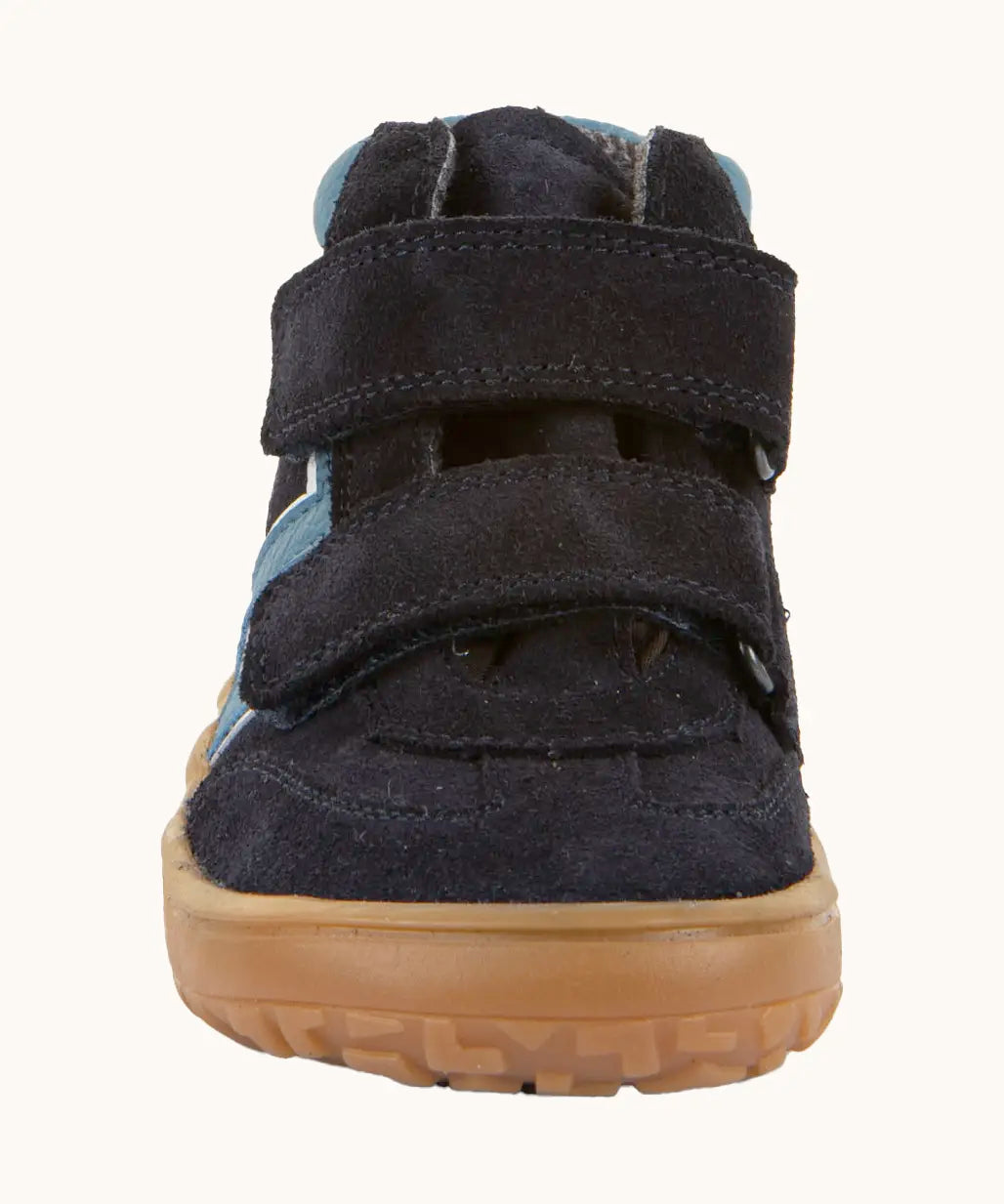 Front of Froddo’s Barefoot Kids F-Motion TEX Shoes in dark blue showing the 2 velcro straps fully fastened