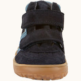Front of Froddo’s Barefoot Kids F-Motion TEX Shoes in dark blue showing the 2 velcro straps fully fastened