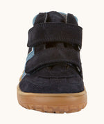 Front of Froddo’s Barefoot Kids F-Motion TEX Shoes in dark blue showing the 2 velcro straps fully fastened