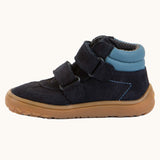 Side of Froddo’s Barefoot Kids F-Motion TEX Shoes in dark blue showing the two Velcro straps looped trough the eyelets