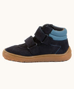 Side of Froddo’s Barefoot Kids F-Motion TEX Shoes in dark blue showing the two Velcro straps looped trough the eyelets