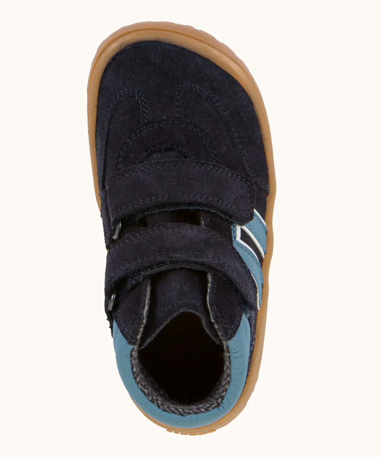 Top of Froddo’s Barefoot Kids F-Motion TEX Shoes in dark blue showing the two Velcro straps fastened and contrasting light padded ankle 
