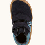 Top of Froddo’s Barefoot Kids F-Motion TEX Shoes in dark blue showing the two Velcro straps fastened and contrasting light padded ankle 