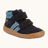Froddo’s Barefoot Kids F-Motion TEX Shoes in dark blue. Features a padded ankle, two Velcro straps, contrasting light side stripe and brown rubber sole