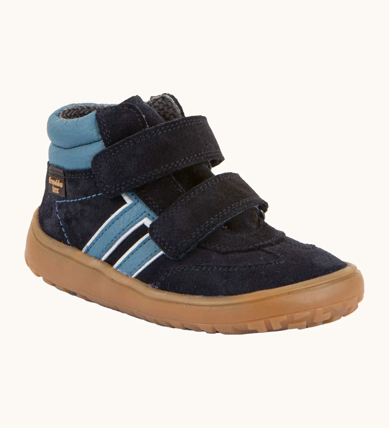 Froddo’s Barefoot Kids F-Motion TEX Shoes in dark blue. Features a padded ankle, two Velcro straps, contrasting light side stripe and brown rubber sole