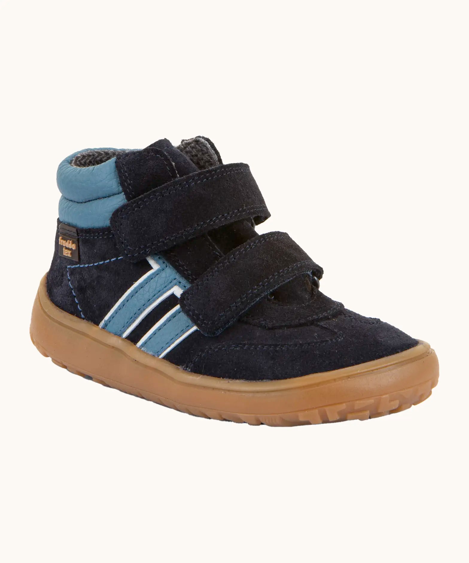 Froddo’s Barefoot Kids F-Motion TEX Shoes in dark blue. Features a padded ankle, two Velcro straps, contrasting light side stripe and brown rubber sole