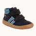 Froddo’s Barefoot Kids F-Motion TEX Shoes in dark blue. Features a padded ankle, two Velcro straps, contrasting light side stripe and brown rubber sole