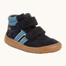 Froddo’s Barefoot Kids F-Motion TEX Shoes in dark blue. Features a padded ankle, two Velcro straps, contrasting light side stripe and brown rubber sole