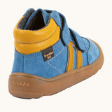 Back of Froddo’s Barefoot Kids F-Motion TEX Shoes in dark blue showing  the yellow padded ankle, side stripes and brown rubber sole