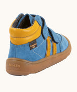 Back of Froddo’s Barefoot Kids F-Motion TEX Shoes in dark blue showing  the yellow padded ankle, side stripes and brown rubber sole