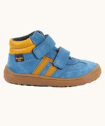 Side of Froddo’s Barefoot Kids F-Motion TEX Shoes in denim blue showing the two Velcro straps fully fastened the yellow padded ankle 