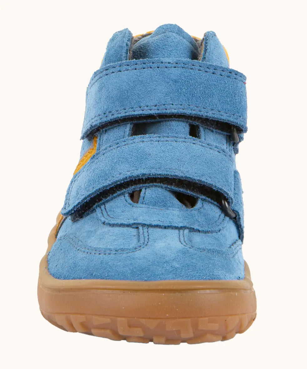 Front of Froddo’s Barefoot Kids F-Motion TEX Shoes in denim blue showing the 2 velcro straps fully fastened