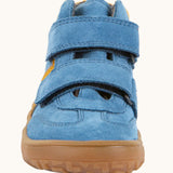 Front of Froddo’s Barefoot Kids F-Motion TEX Shoes in denim blue showing the 2 velcro straps fully fastened