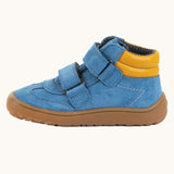 Side of Froddo’s Barefoot Kids F-Motion TEX Shoes in denim blue showing the two Velcro straps looped trough the eyelets
