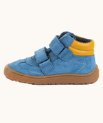 Side of Froddo’s Barefoot Kids F-Motion TEX Shoes in denim blue showing the two Velcro straps looped trough the eyelets