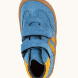 Top of Froddo’s Barefoot Kids F-Motion TEX Shoes in denim blue showing the two Velcro straps fastened and yellow padded ankle 