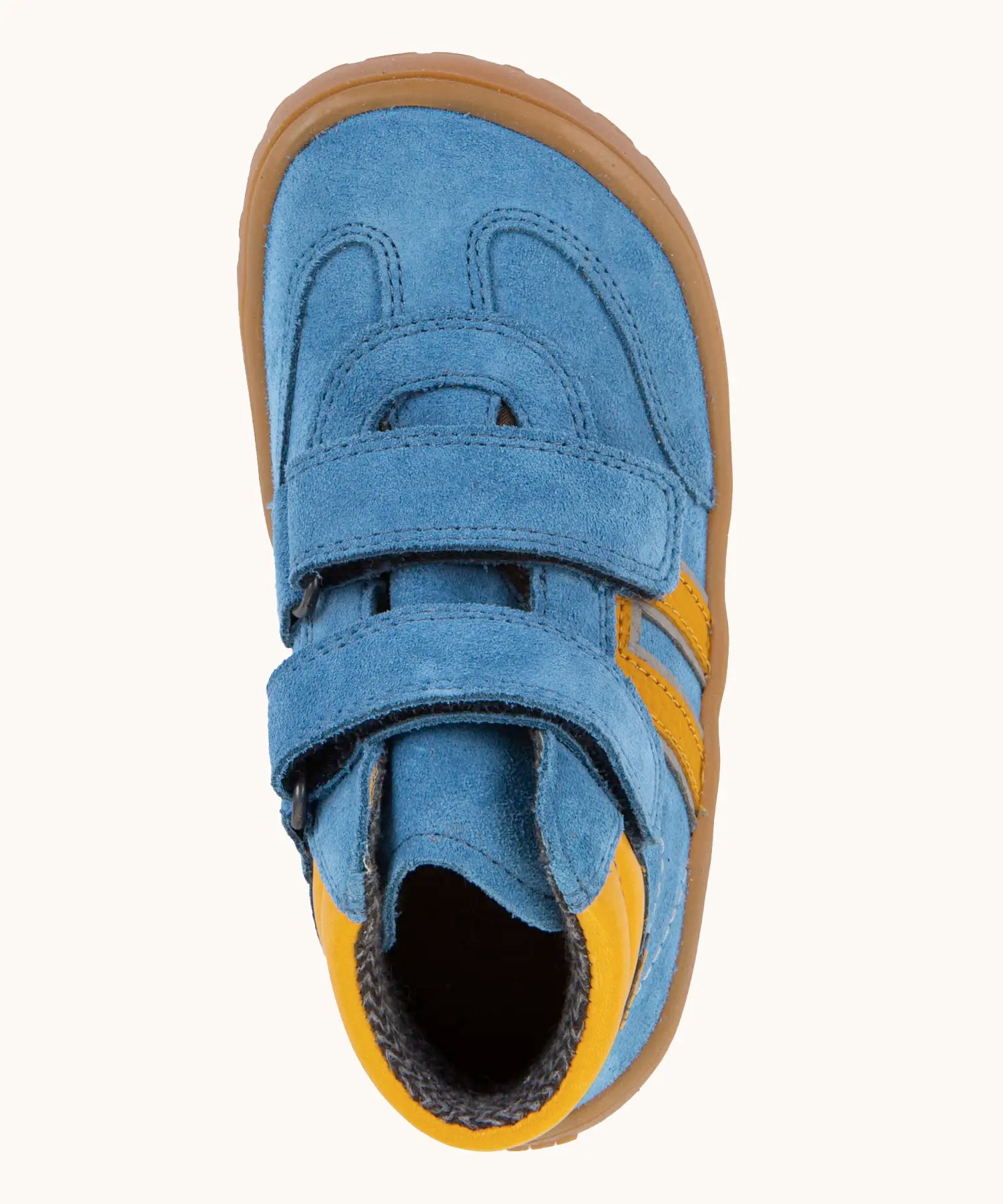 Top of Froddo’s Barefoot Kids F-Motion TEX Shoes in denim blue showing the two Velcro straps fastened and yellow padded ankle 