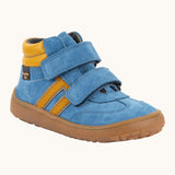 Froddo’s Barefoot Kids F-Motion TEX Shoes in denim blue. Features a yellow padded ankle, two Velcro straps, yellow side stripe and brown rubber sole