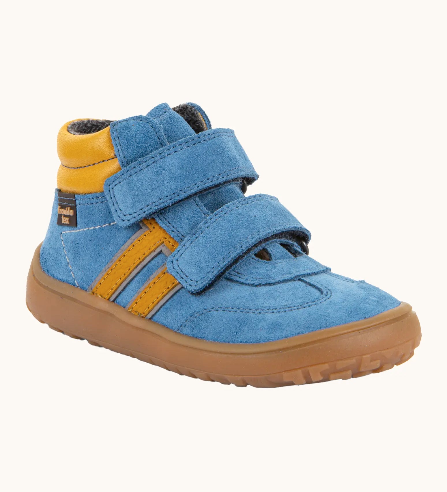 Froddo’s Barefoot Kids F-Motion TEX Shoes in denim blue. Features a yellow padded ankle, two Velcro straps, yellow side stripe and brown rubber sole