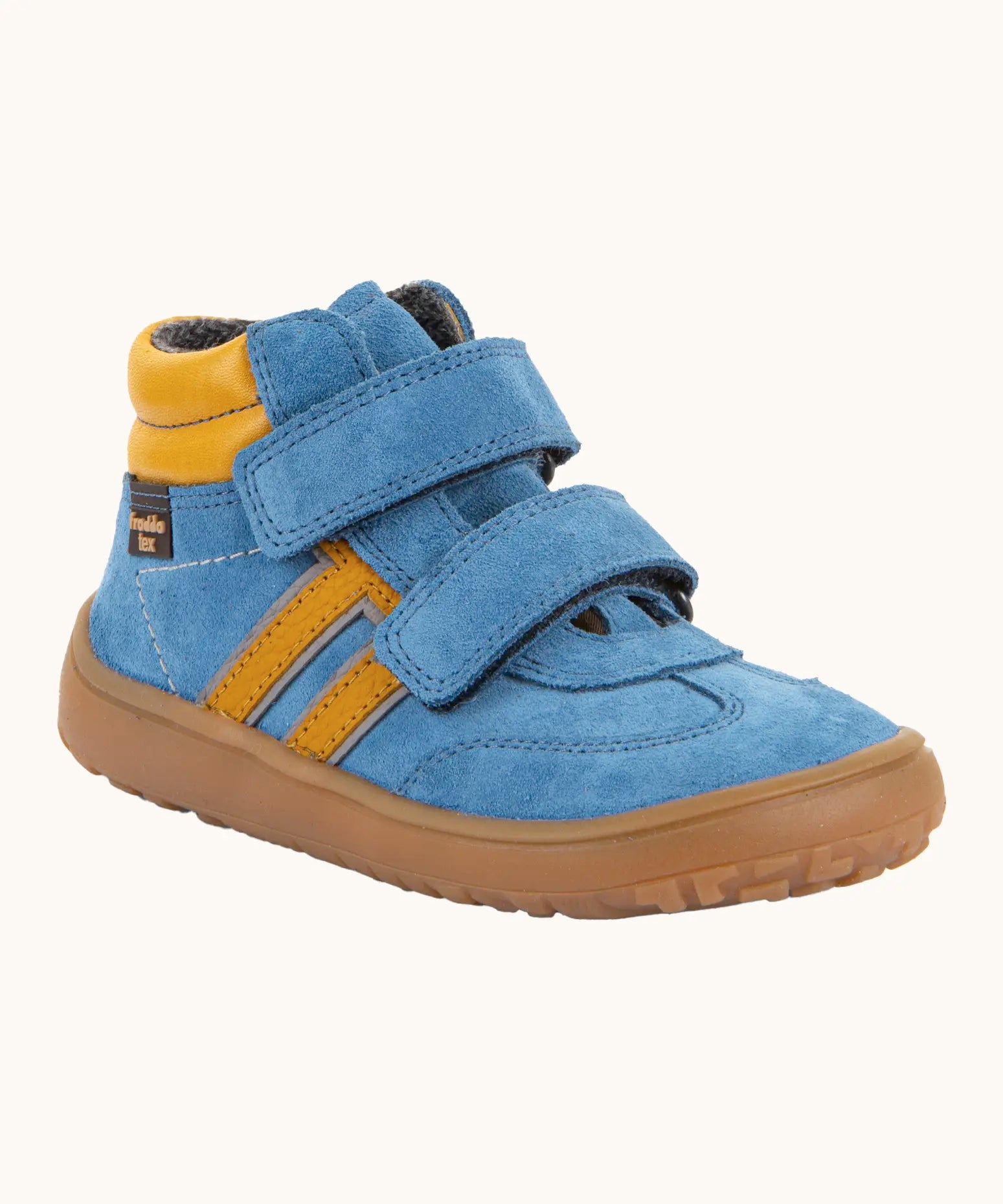 Froddo’s Barefoot Kids F-Motion TEX Shoes in denim blue. Features a yellow padded ankle, two Velcro straps, yellow side stripe and brown rubber sole