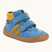Froddo’s Barefoot Kids F-Motion TEX Shoes in denim blue. Features a yellow padded ankle, two Velcro straps, yellow side stripe and brown rubber sole