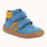 Froddo’s Barefoot Kids F-Motion TEX Shoes in denim blue. Features a yellow padded ankle, two Velcro straps, yellow side stripe and brown rubber sole