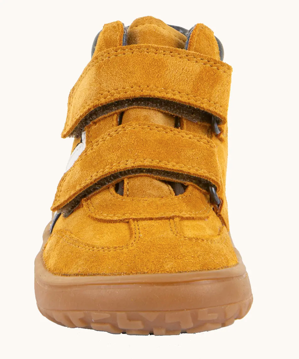 Front of Froddo’s Barefoot Kids F-Motion TEX suede shoes in mustard showing the 2 velcro straps fully fastened