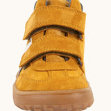 Front of Froddo’s Barefoot Kids F-Motion TEX suede shoes in mustard showing the 2 velcro straps fully fastened