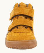 Front of Froddo’s Barefoot Kids F-Motion TEX suede shoes in mustard showing the 2 velcro straps fully fastened