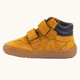 Side of Froddo’s Barefoot Kids F-Motion TEX Shoes in mustard showing the two Velcro straps looped trough the eyelets