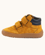 Side of Froddo’s Barefoot Kids F-Motion TEX Shoes in mustard showing the two Velcro straps looped trough the eyelets
